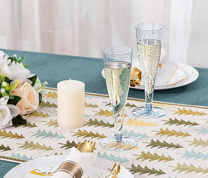 JOLLY CHEF 100 Pack Plastic Champagne Flutes Disposable 4.5 oz Blue Glitter Plastic Champagne Glasses Suitable for Wedding, Thanksgiving Day, Christmas
