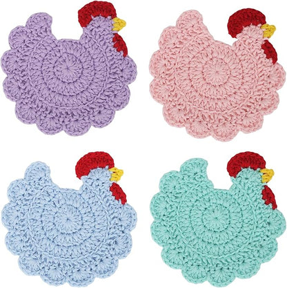 Funny Chicken Coasters Set of 4, Handmade Crochet Farmhouse Style Drink Coasters, Cute Knitted Desk Accessories for Home Decor, Unique Housewarming Gifts (Style A)