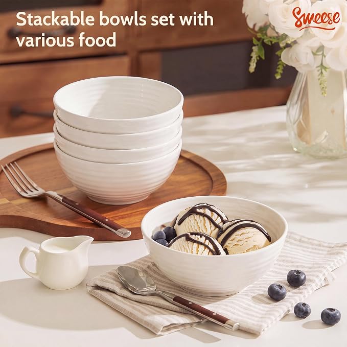 Sweese Ceramic Bowls Set of 6, 18 Oz Texture Ribbed Bowls, Wide Rim Stackable - Image 4