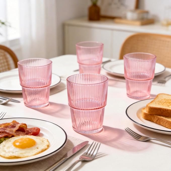 Pink Ribbed Drinking Glasses, 14 fl oz Glass Cups Set of 4 | Aesthetic Style - Image 3
