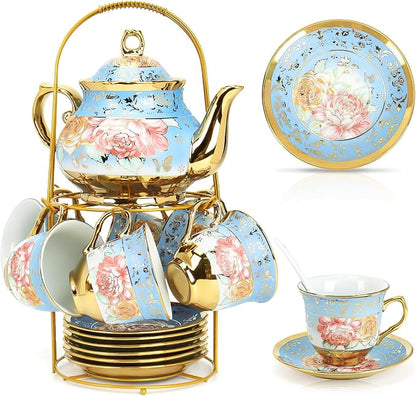 20 Pcs Porcelain Tea Set with Metal Holder, Adult Tea Set Gift, European by Hebaogugu