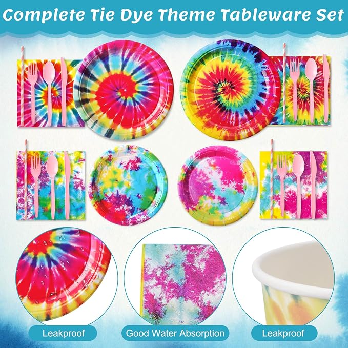 450 Pcs Tie Dye Party Tableware Set Decorations, Serves 50 | Rainbow Birthday - Image 3