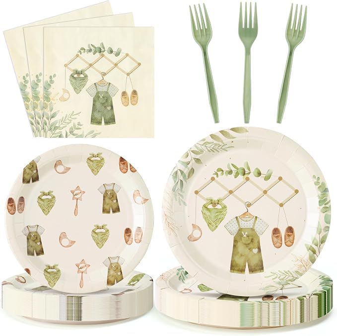 96Pcs Sage Green Eucalyptus Baby Shower Party Plates Supplies Greenery Leaves by G1ngtar