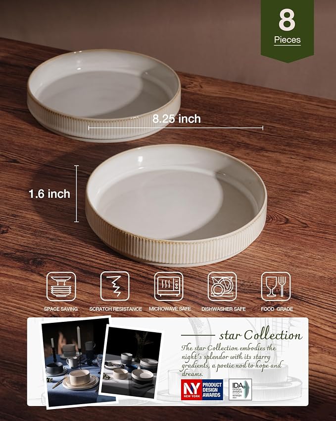 famiware Star 8.25" Pasta Bowls Set of 8, Bowl Plates, Cappuccino White | - Image 2