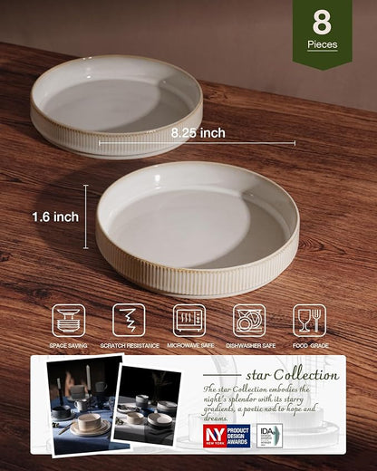 famiware Star 8.25" Pasta Bowls Set of 8, Bowl Plates, Cappuccino White | - Image 2