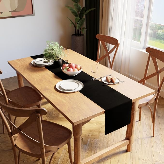 Encasa XO Table Runner, Yarn Dyed Ribbed Cotton 13"x79" | Solid Black, 12-Ply - Image 2