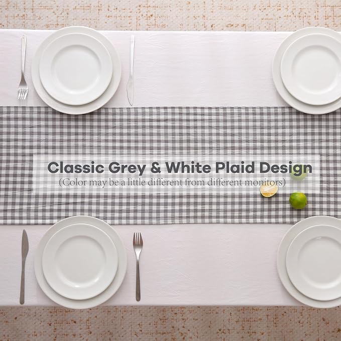 Grey White Plaid Gingham Ruffle Table Runner 90 inches Long 100% Washed Cotton - Image 4