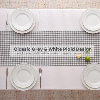 Grey White Plaid Gingham Ruffle Table Runner 120 inches Long Christmas 100% - Image 4