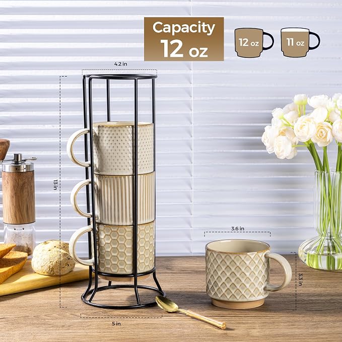 GBhome 12 OZ Stackable Coffee Mugs Set of 4, Ceramic Coffee Cups Set | Coffee - Image 3