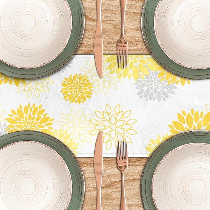 Dahlia Flower Table Runner 13x71 Inch Farmhouse Yellow Gray Runners Modern - Image 5
