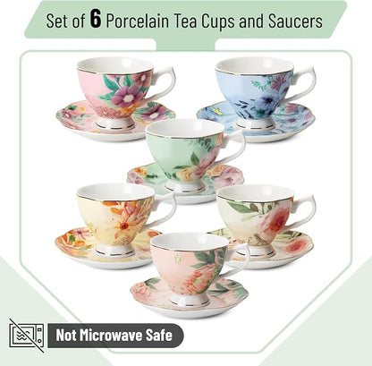 BTaT- Floral Tea Cups and Saucers, 6 Pack, 8 oz | Fine Porcelain Teacup Set - Image 2