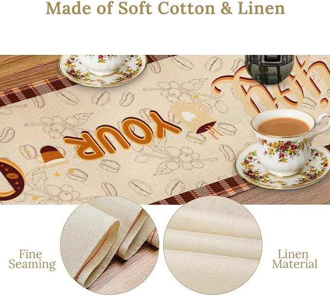 Coffee Theme Table Runner, Rustic Brown Buffalo Gnomes Cafe Cup Car Biscuit - Image 6
