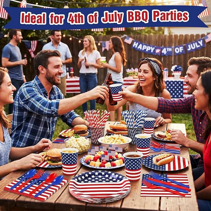 450 Pcs 4th of July Patriotic Tableware Set Decorations, Serves 50 | USA Red - Image 6
