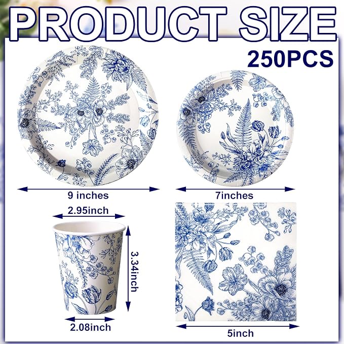 250 Pcs Blue Floral Paper Plates and Napkins Blue Bridal Shower Tea Party - Image 2