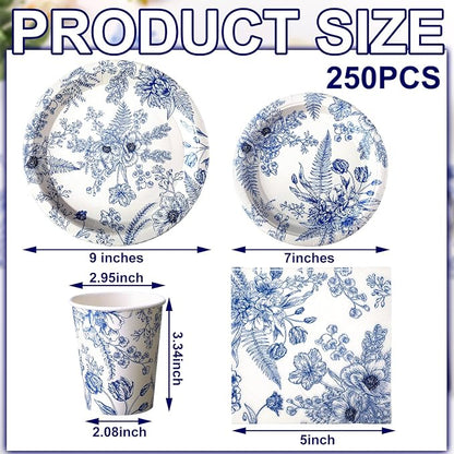 250 Pcs Blue Floral Paper Plates and Napkins Blue Bridal Shower Tea Party - Image 2