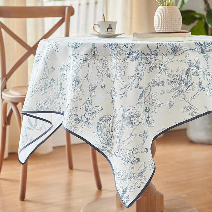jinchan Blue Floral Linen Square Table Cloth 50 x 50 Inch | Blue floral accents - Image 2