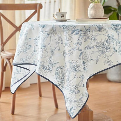 jinchan Blue Floral Linen Square Table Cloth 50 x 50 Inch | Blue floral accents - Image 2