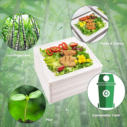 SUT 10-Inch Compostable Paper Plates, 100 PCS Square Biodegradable Bagasse Plates, Heavy-Duty Microwaveable Plates, Eco-Friendly Natural Disposable Plates, Made of Sugarcane Fibers, for Party, Picnic