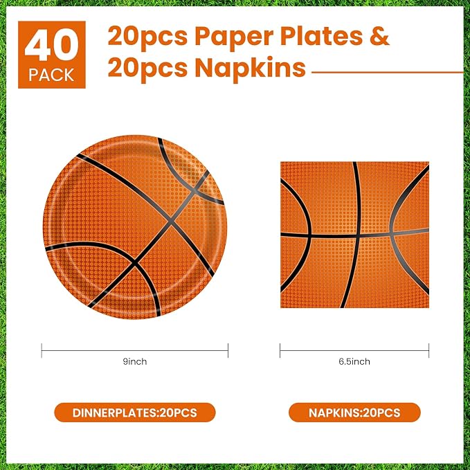 40 Pcs Basketball Plates and Napkins Party Tableware Set, Serves 20 | - Image 2