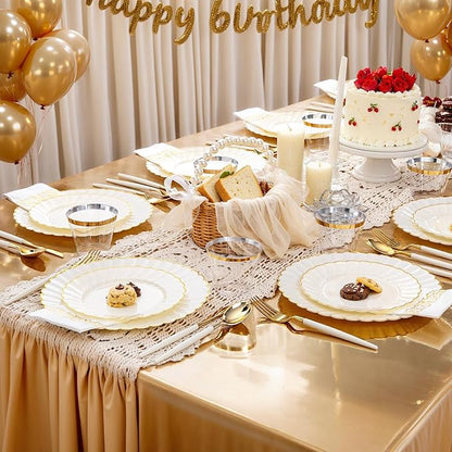 Ciaell 175 PCS Ivory Scalloped Plastic Plates - Gold Disposable Plates Fancy High-end Dinnerware Sets for Wedding & Party (25 Guests)