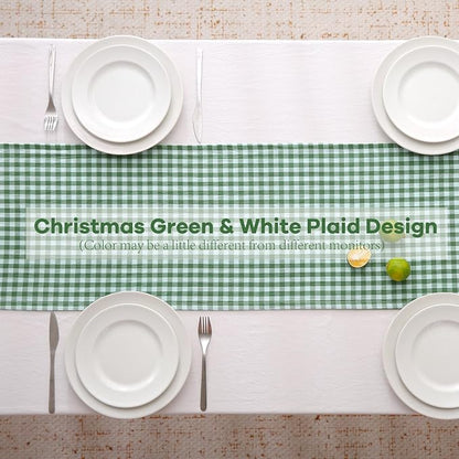 Green White Plaid Gingham Ruffle Table Runner 72 inches Long 100% Washed Cotton - Image 4