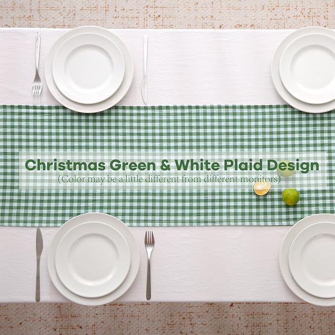 Christmas Green White Plaid Gingham Ruffle Table Runner 108 inches Long 100% - Image 4