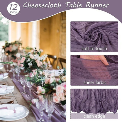 12 Pack 10Ft Cheesecloth Table Runner 35x120 Inch Boho Gauze Table Runner Rustic Cheese Cloth Long Romantic Table Runners for Wedding Bridal Shower Birthday Party Table Decor (Grape)