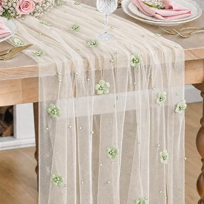 Artoid Mode Sage Green Flower Pearl White Gauze Table Runner 10FT, Seasonal by ArtoidMode