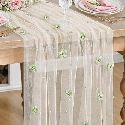 Artoid Mode Sage Green Flower Pearl White Gauze Table Runner 10FT, Seasonal by ArtoidMode