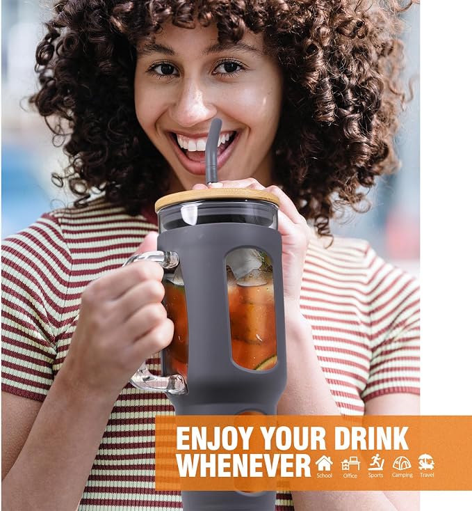 WINSA Glass Tumbler with Lid and Straw, 46 oz | Iced Coffee Cup with Handle - Image 6