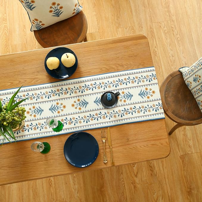 Designer French Linen Table Runner, Pale Yellow Floral Pattern, Dining Table - Image 8