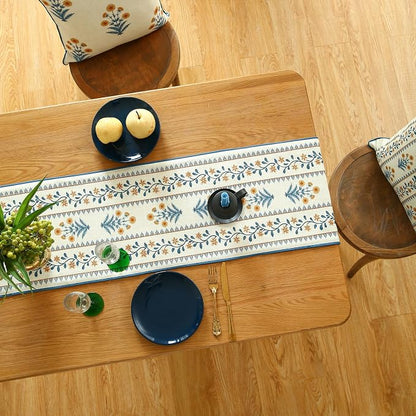 Designer French Linen Table Runner, Pale Yellow Floral Pattern, Dining Table - Image 8