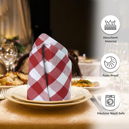 Urban Villa Cotton Dinner Napkins Set of 6, Highly Absorbent 20x20 Inches Premium Cloth Napkins Hotel Quality Reusable & Washable Table Dinner Napkins for Home & Weddings - Red/White, Checks