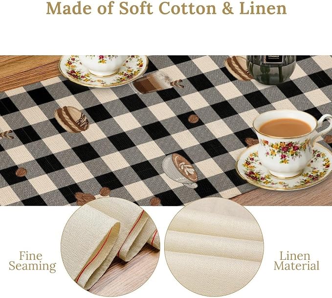 Coffee Time Table Runner, Rustic Black White Plaid Buffalo Gnome Coffee Theme - Image 6