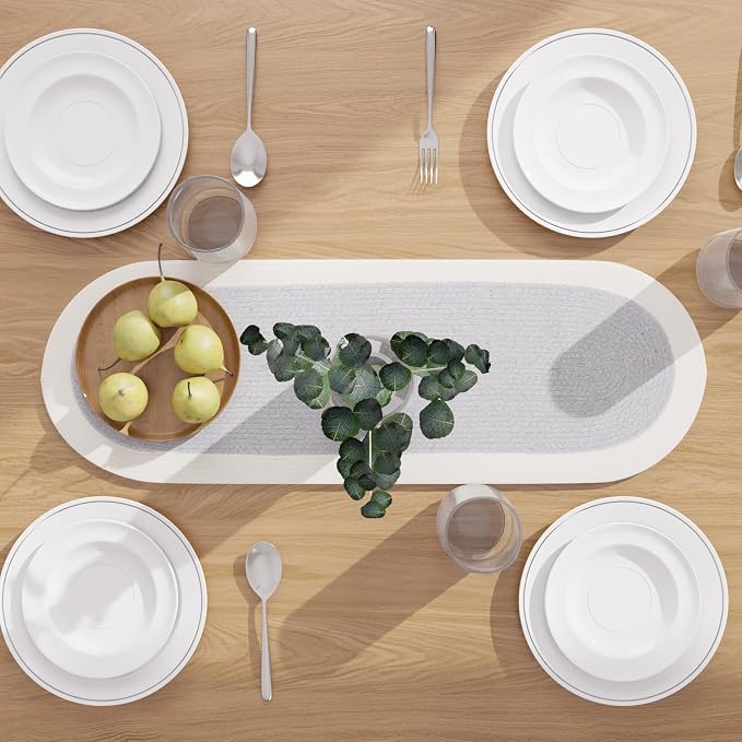 Encasa XO Dining Table Runner, Handmade Ribbed Cotton 12"x36" Light Grey & Off - Image 3