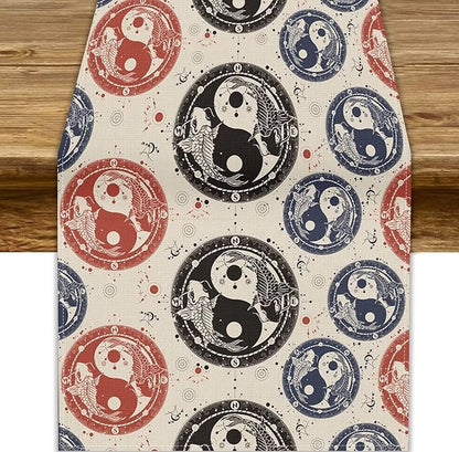 Yin Yang Table Runner, Vintage Mid Century Traditional Oriental Koi Fish by JanJCurt