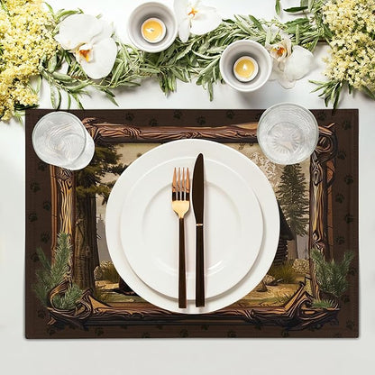 Bear Placemats Set of 4 - Lodge Cabin Place Mats 12x18 Inch Rustic Farmhouse Wild Animal Table Mats Country Woodland Kitchen Mats for Dining Table