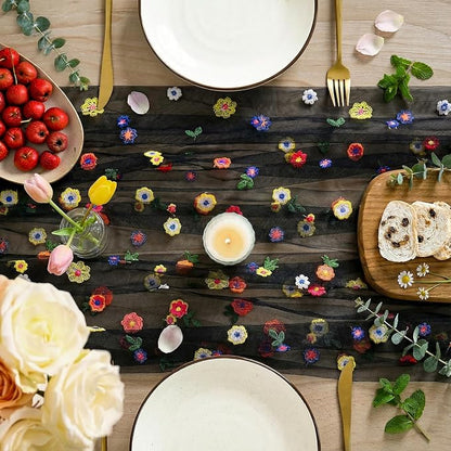 Artoid Mode Black Embroidery Daisy Gauze Table Runner 120 Inch 10FT | Seasonal - Image 2