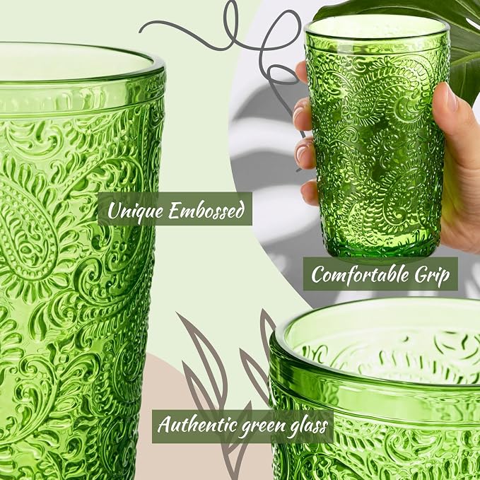 Reallnaive 13 oz Green Drinking Glasses Set of 8, Vintage Glassware - Image 3