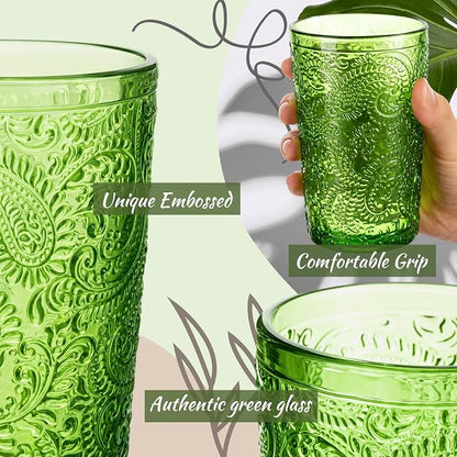 Reallnaive 13 oz Green Drinking Glasses Set of 8, Vintage Glassware - Image 3