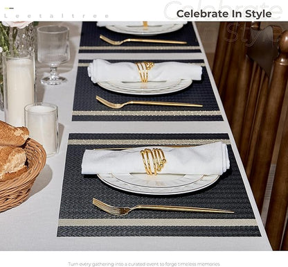 Leetaltree Luxury Black Placemats with Gold Stripes Placemats Set of 4 - Waterproof Washable for Wedding, Anniversary, Daily Use - Sparkling Table Decor - Hand-Cut