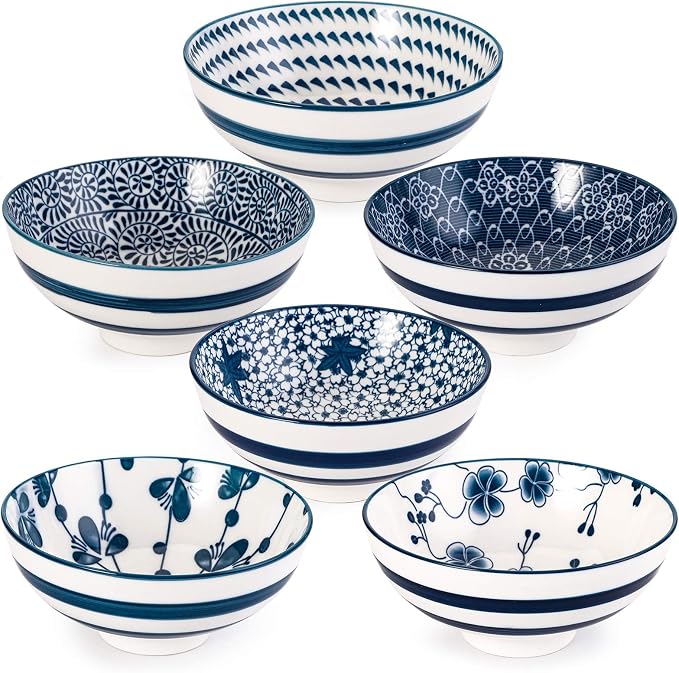Foraineam 6 Pieces Blue and White Floral Rice Bowl Set 8 oz Japanese Style by Foraineam