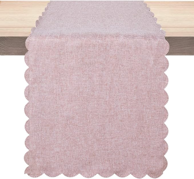 Pink Cotton Table Runner 13 x 72 in Long Farmhouse Scallop Style | Dresser by Winotic