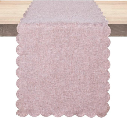 Pink Cotton Table Runner 13 x 72 in Long Farmhouse Scallop Style | Dresser by Winotic