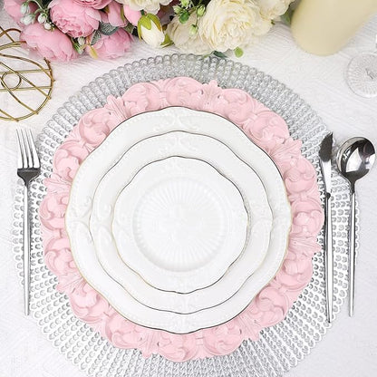 13" Pink Charger Plates, Set of 6 Plastic Textured Chargers for Dinner Plates with Embossed Rim, Table Décor, Party, Wedding, Holiday