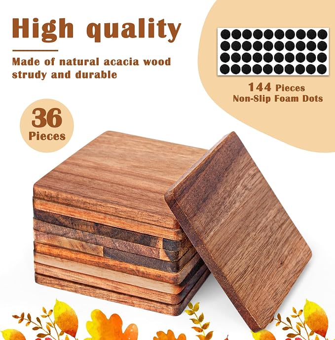 36 Pieces Unfinished Wood Coasters, 4 Inch Square Acacia Wooden Coasters - Image 2