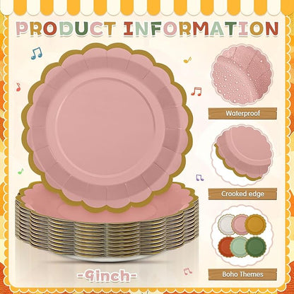48 Pcs Fall Boho Paper Plates 9 Inch Gradient Scalloped Paper Disposable Dinner Dessert Plates for Birthday Wedding Bridal Party Supplies, 6 Colors