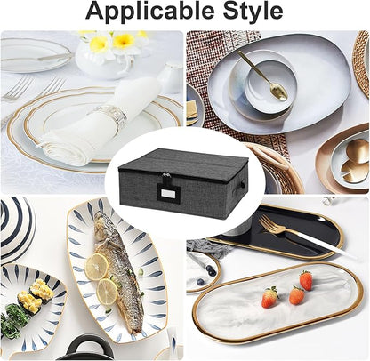 China Storage Containers, Platter Storage 17" x 13" x 6" for Dinnerware Storage and Transport, 5 Large Felt Dividers Included, Hard Shell and Stackable (Black)