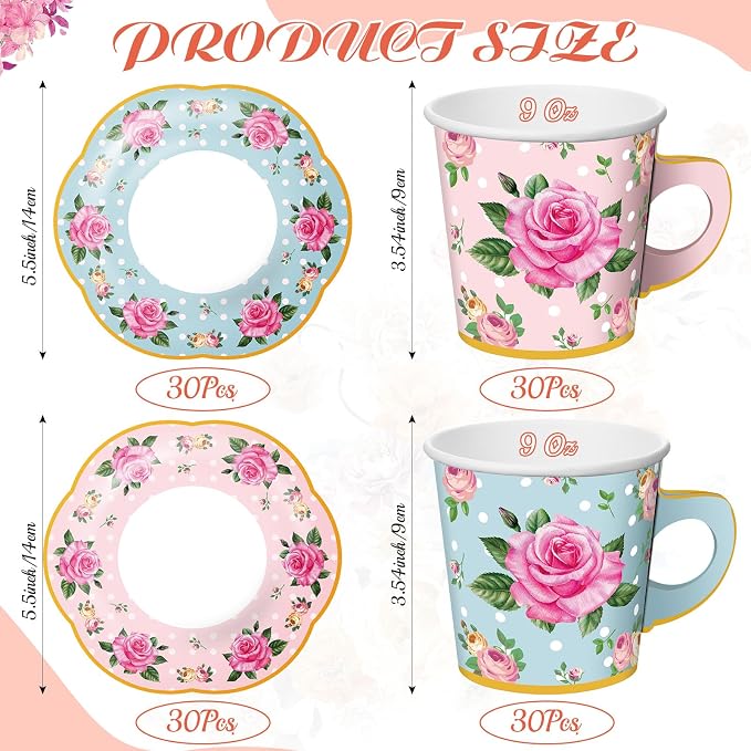 Umigy 60 Sets Floral Tea Party Decorations 9 oz Floral Paper Teacups & Saucer - Image 2