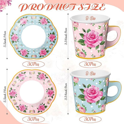 Umigy 60 Sets Floral Tea Party Decorations 9 oz Floral Paper Teacups & Saucer - Image 2